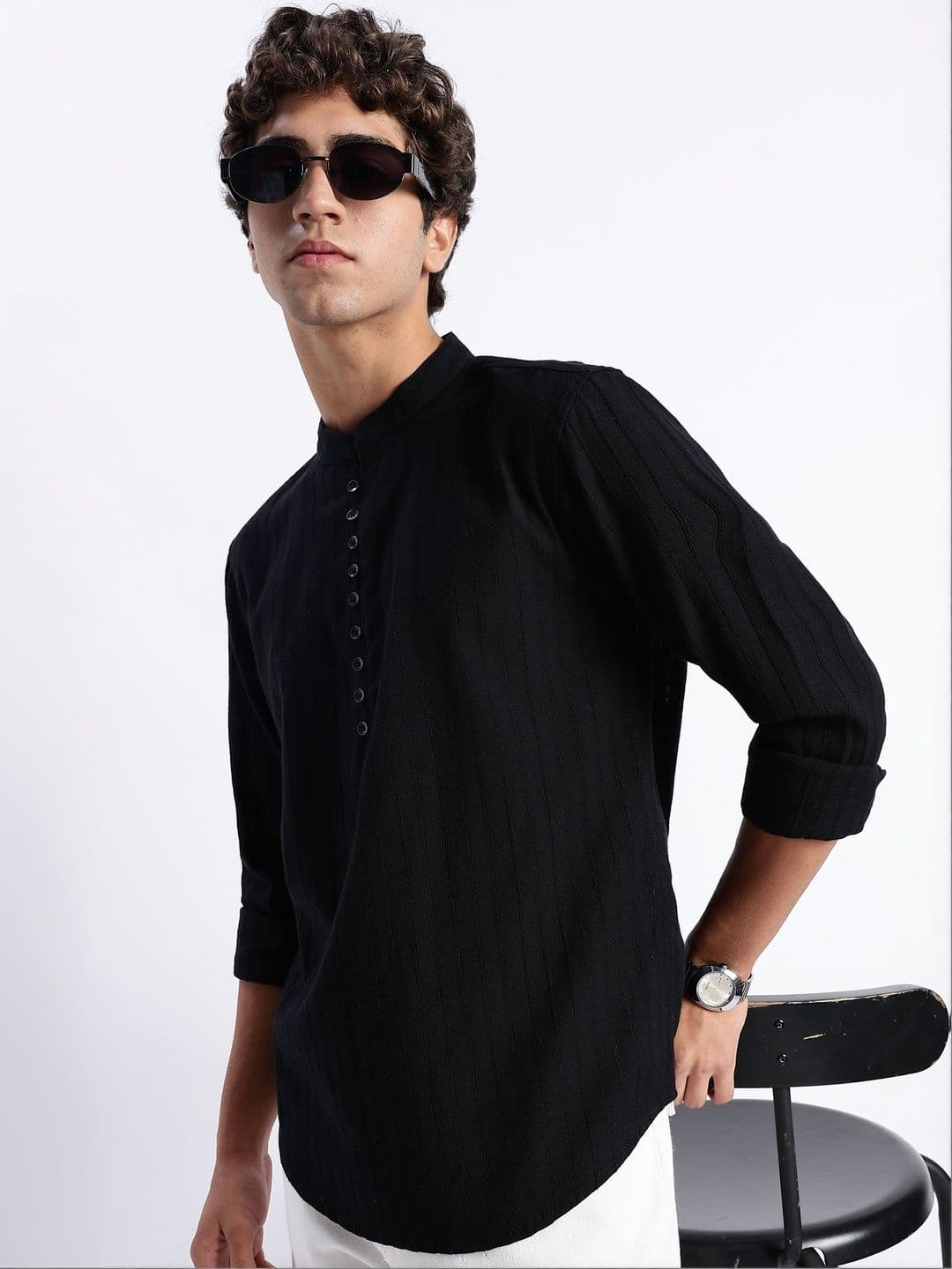 HERE&NOW Men Striped Thread Work Kurta - view 1
