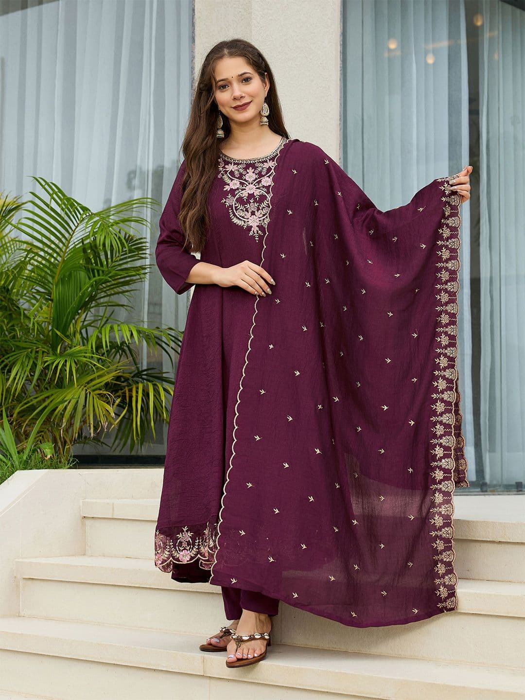 KALINI Floral Embroidered Yoke Design Round Neck A-Line Kurta With Trouser And Dupatta - view 1