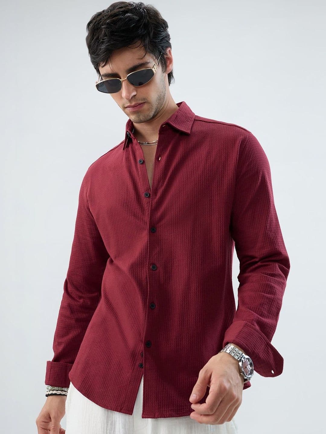 VASTRADO Jacquard Workday Textured Cotton Long Sleeves Slim Fit Shirt - view 1