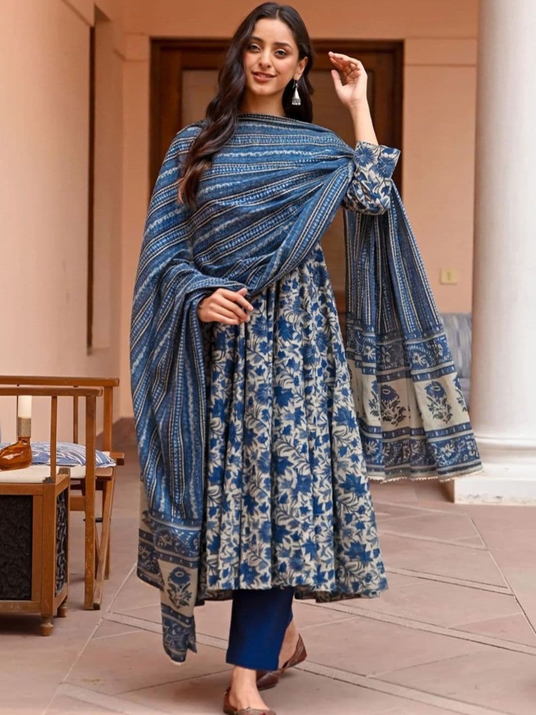 PITRIS Women Floral Printed Panelled Kurta with Trousers & With Dupatta - view 1