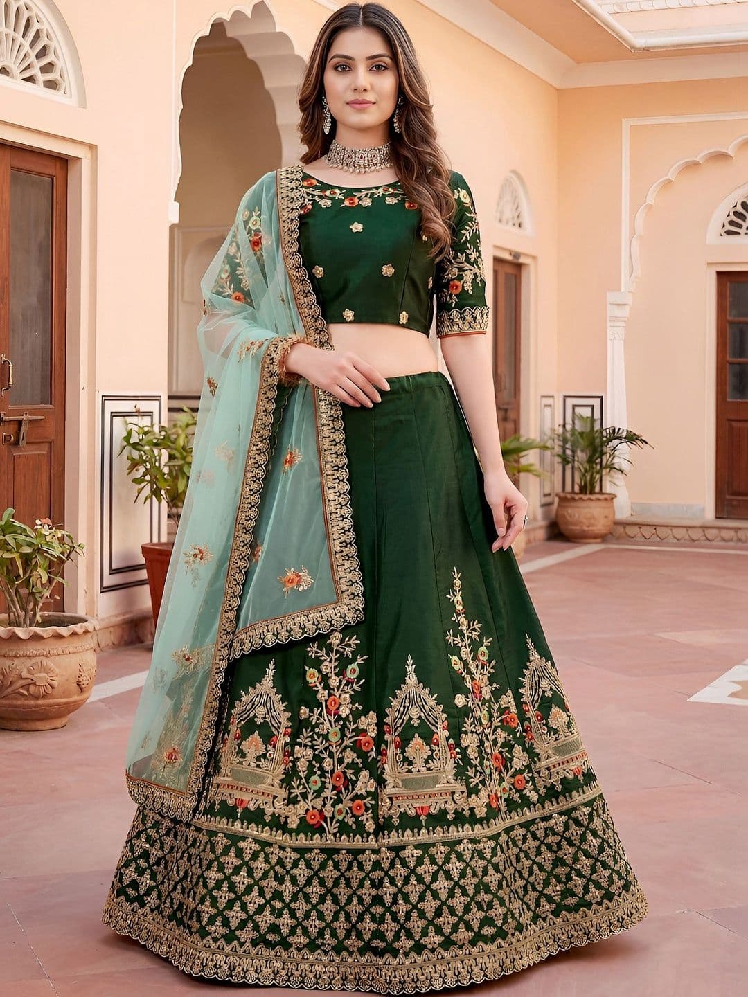 ETHNIC PLUS Embroidered Zari Thread Work Satin Lehenga Choli With Dupatta - view 1
