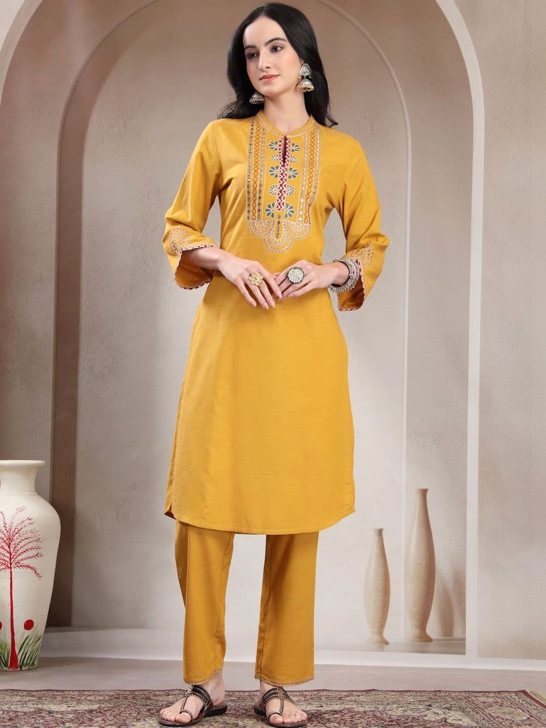 Nayam By Lakshita Women Ethnic Motifs Embroidered Regular Mirror Work Kurta with Trousers - view 1