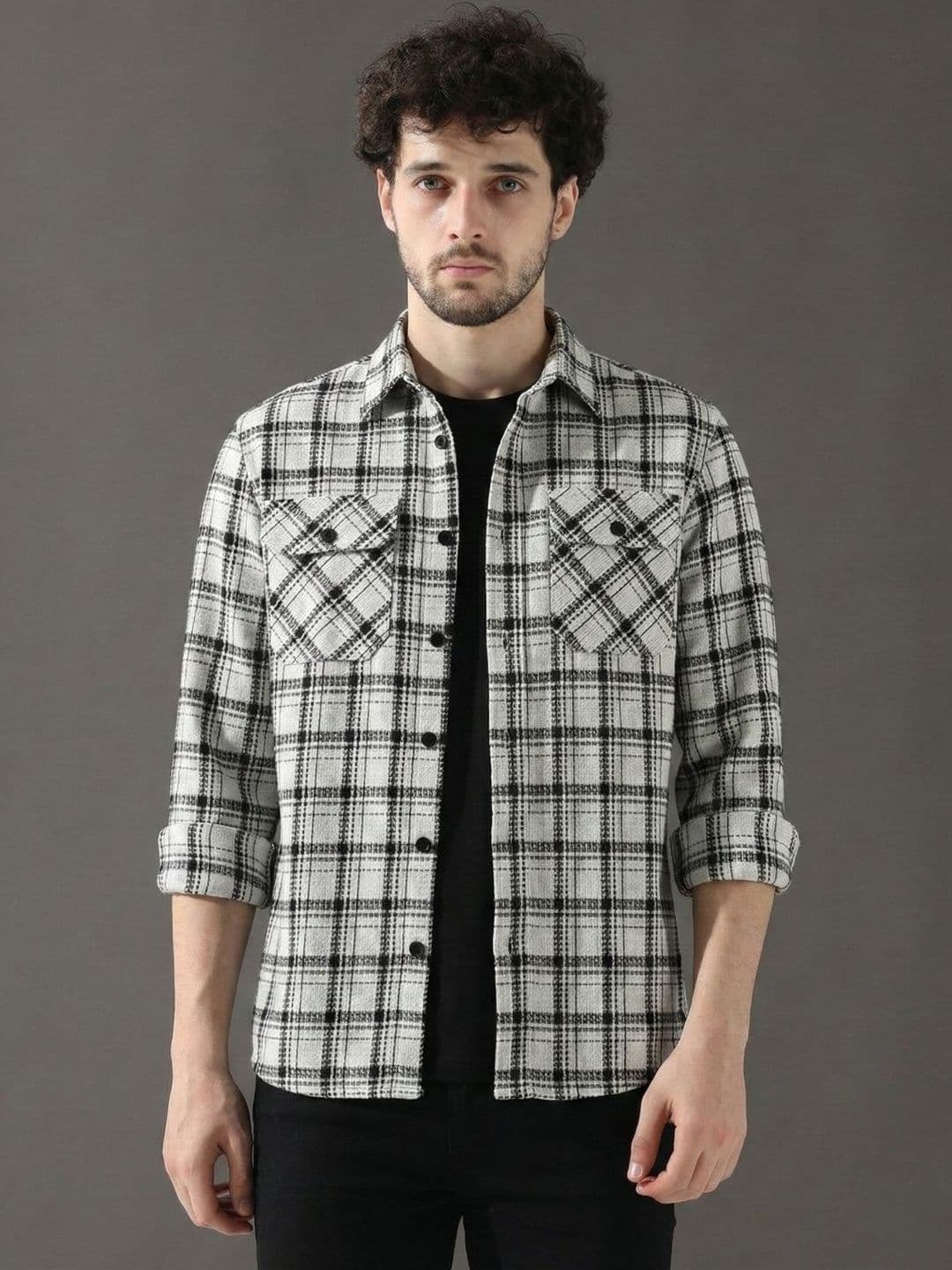 COMBRAIDED Checked Pure Cotton Spread Collar Shacket - view 1