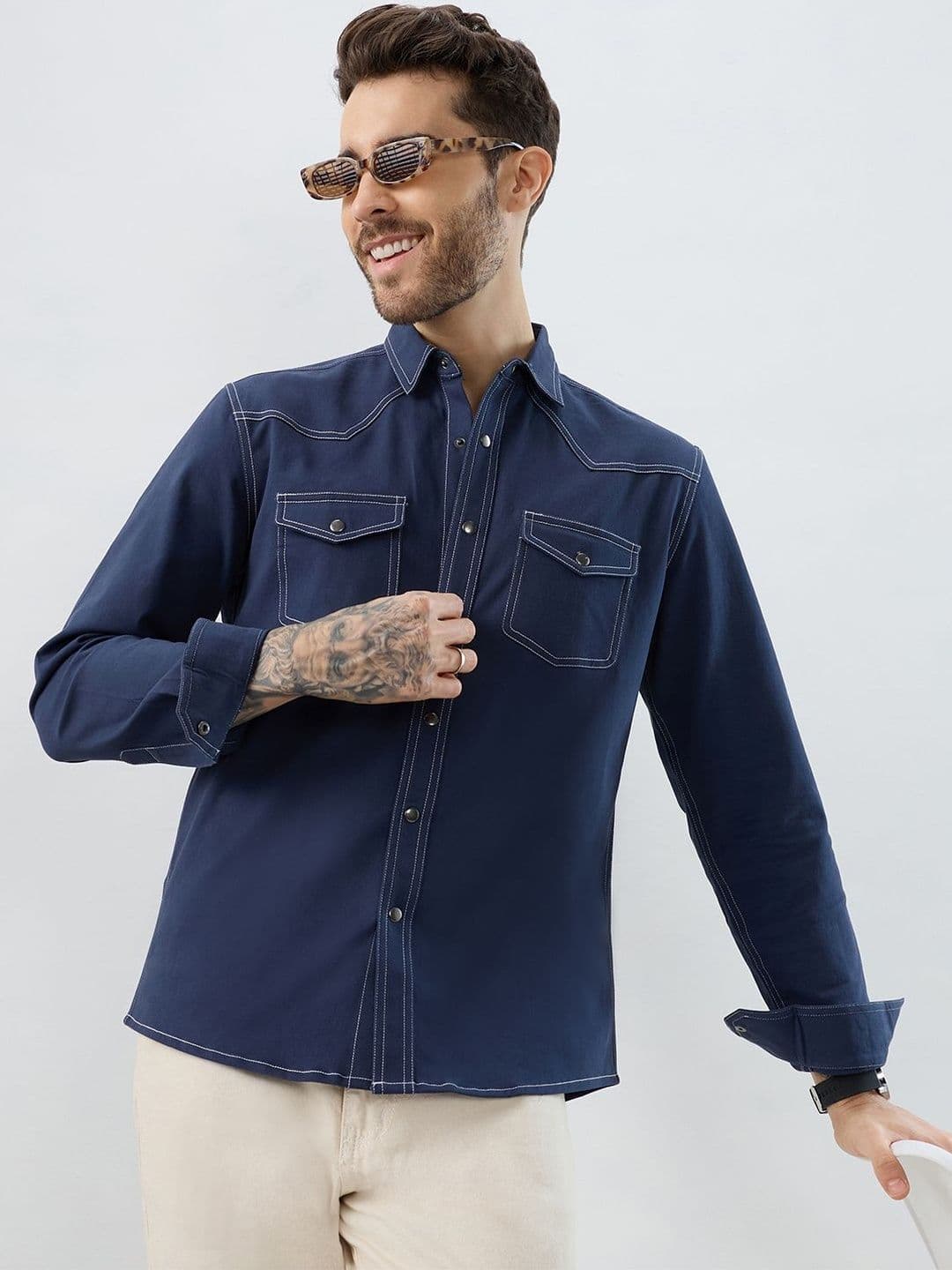 VASTRADO Spruce Contrast Cotton Long Sleeves Slim Fit Shirt - view 1