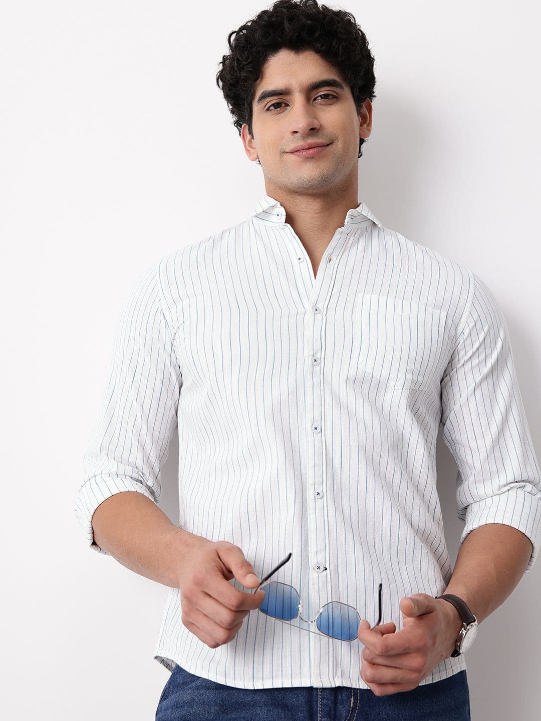 Mast & Harbour Cotton Linen Striped Slim Fit Casual Shirt - view 1