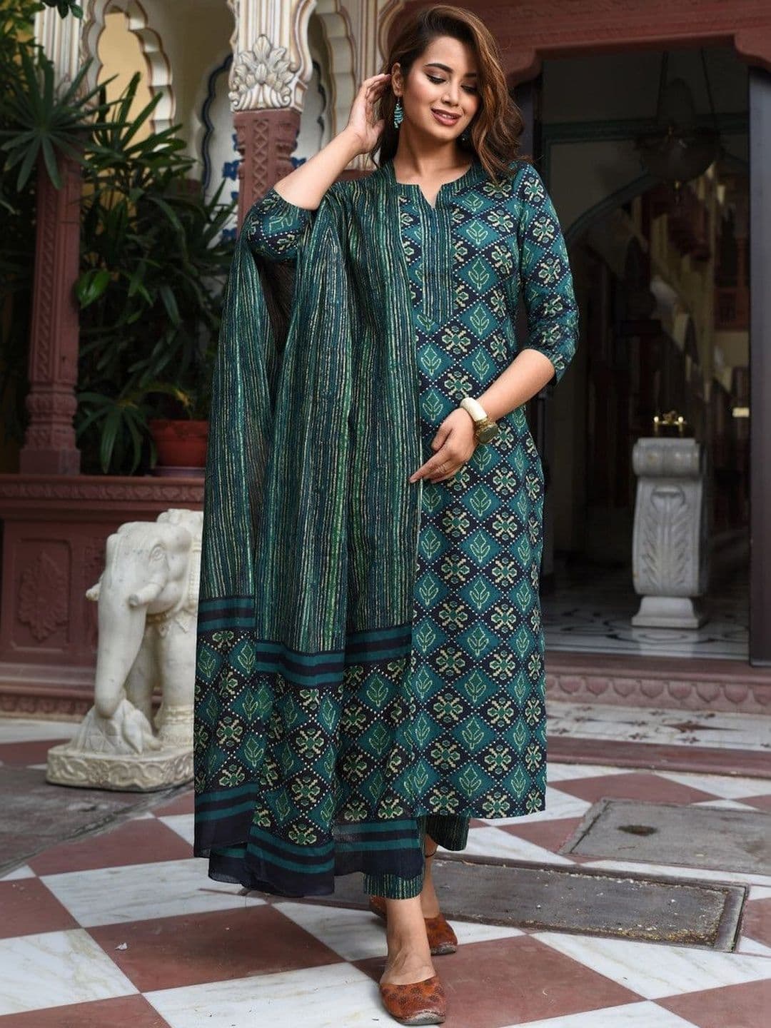 PITRIS Women Ethnic Motifs Printed Regular Kurta with Trousers & With Dupatta - view 1