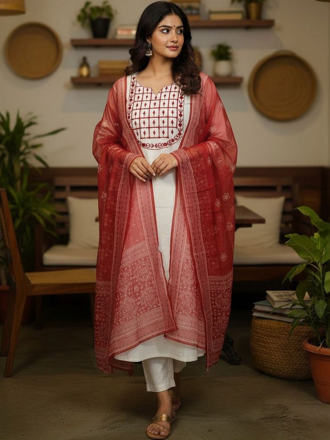 HERE&NOW Women Ethnic Motifs Embroidered Regular Thread Work Pure Cotton Kurta with Trousers & With Dupatta - view 1