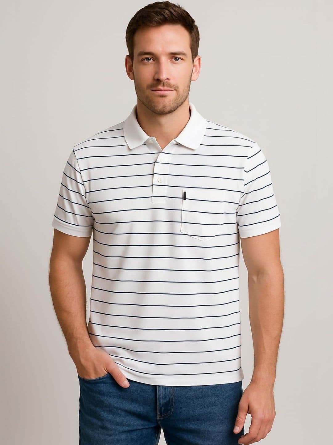 WILD ELEPHANT Men Striped Polo Collar Pockets T-shirt - view 1