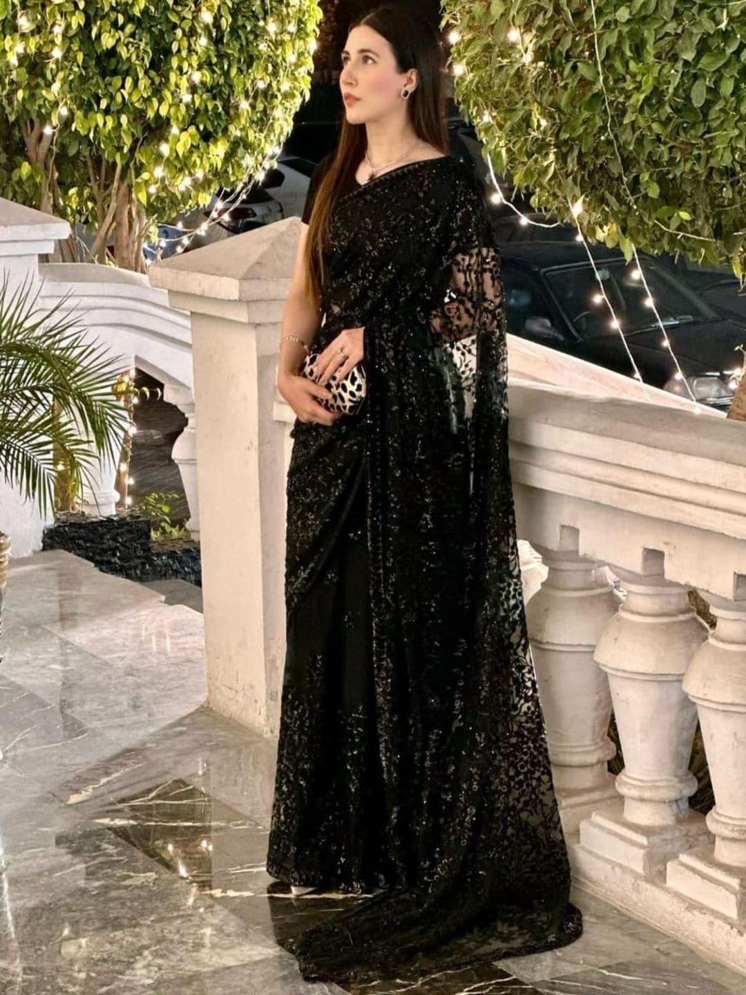 Silkena Embellished Sequinned Pure Georgette Saree - view 1