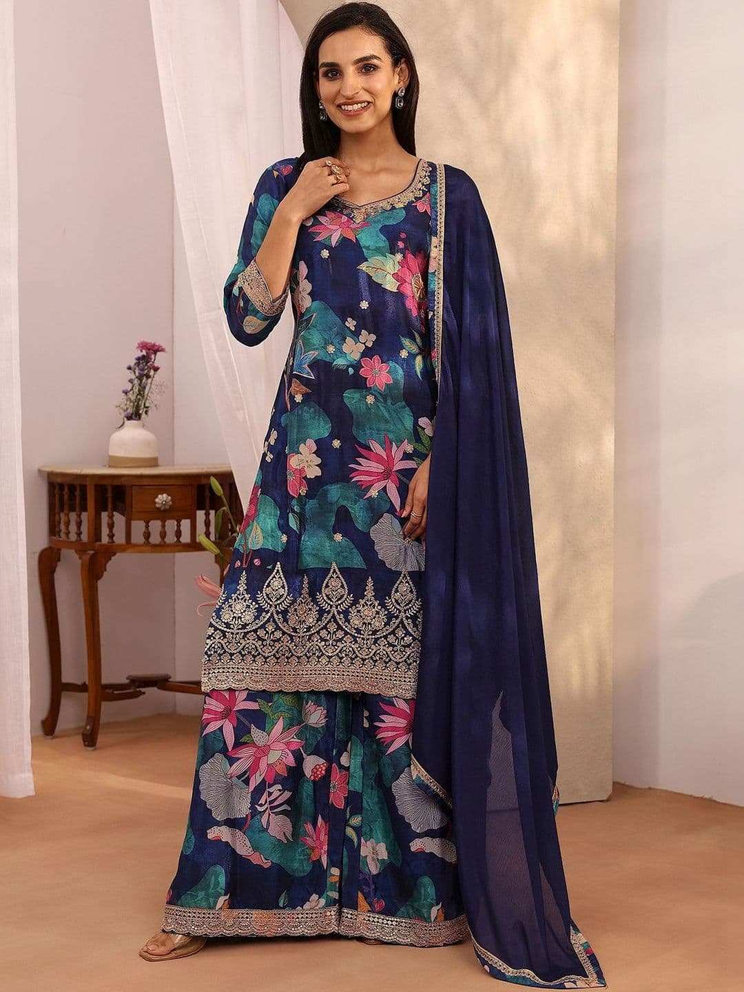 Libas Women Floral Printed Regular Thread Work Kurta with Sharara & With Dupatta - view 1