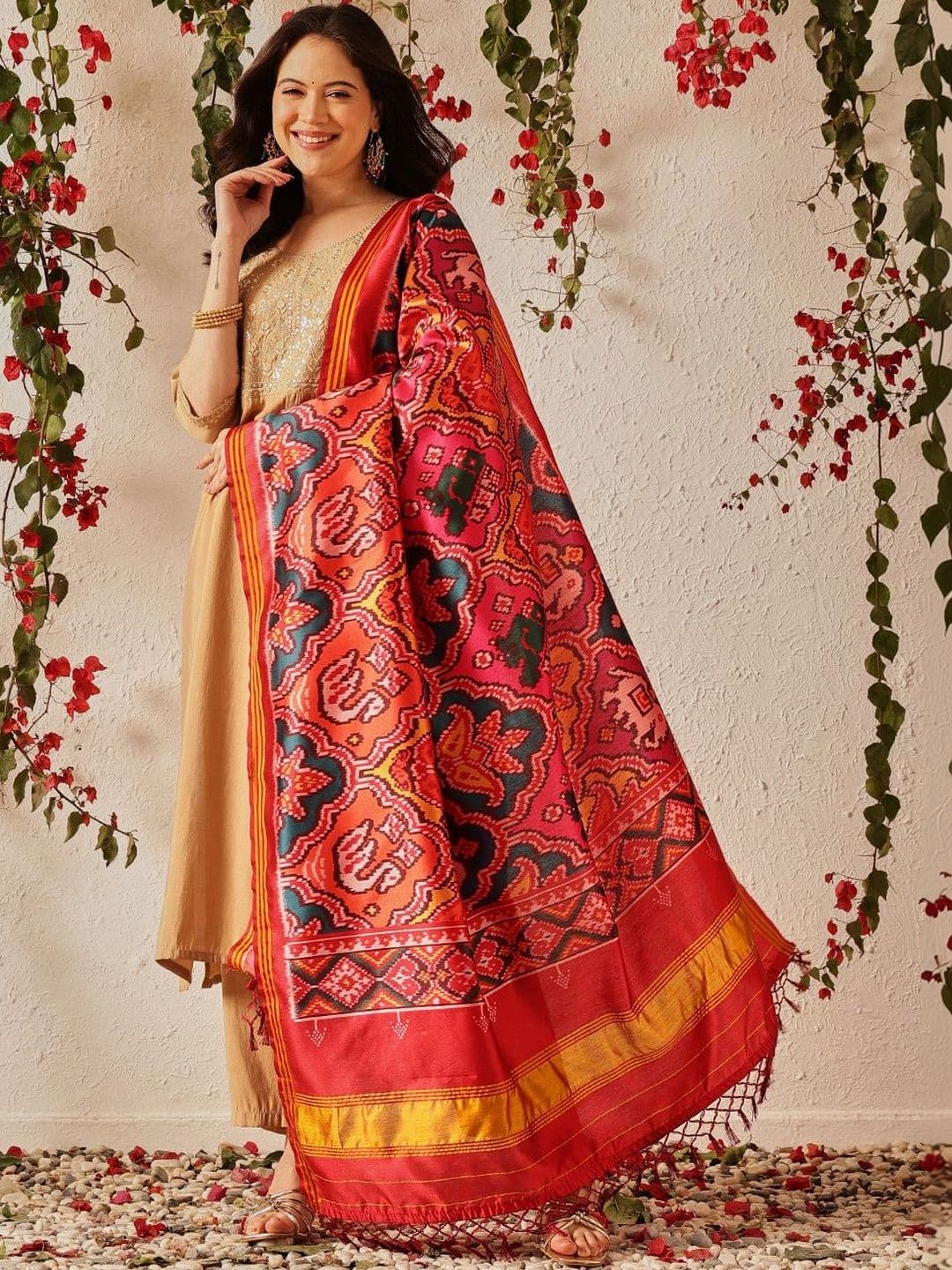 Silk Land Traditional Double Ikkat Patola Dupatta With Tassels - view 1
