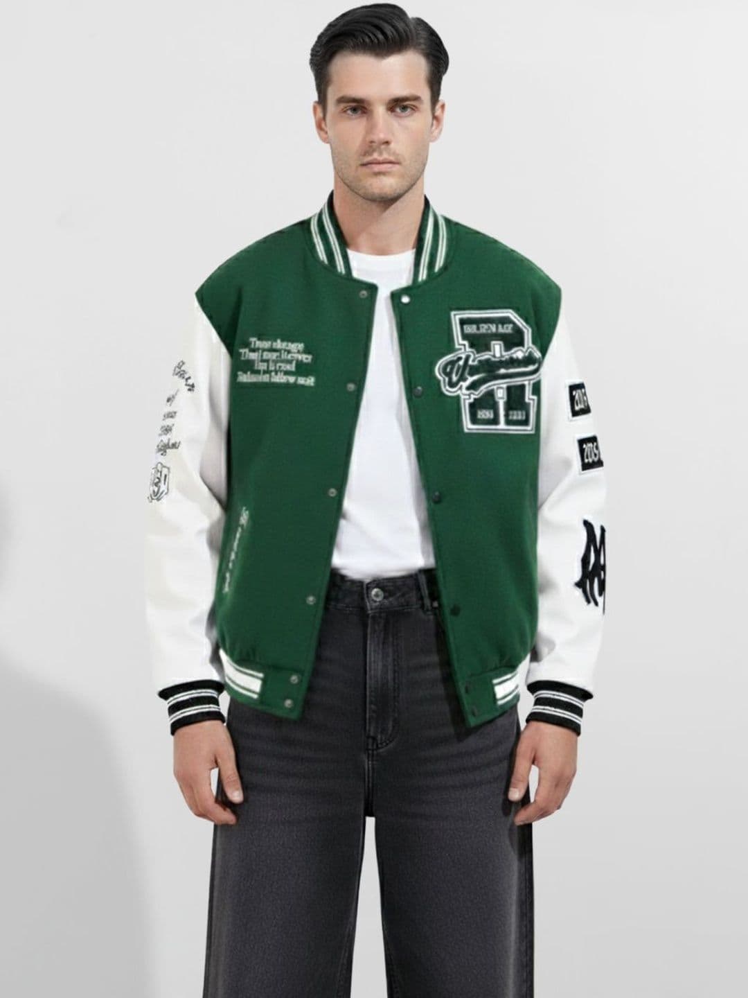 The Indian Garage Co Men Typography Colourblocked Varsity Jacket with Embroidered - view 1
