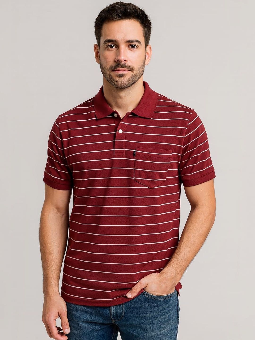 WILD ELEPHANT Men Striped Polo Collar Pockets T-shirt - view 1