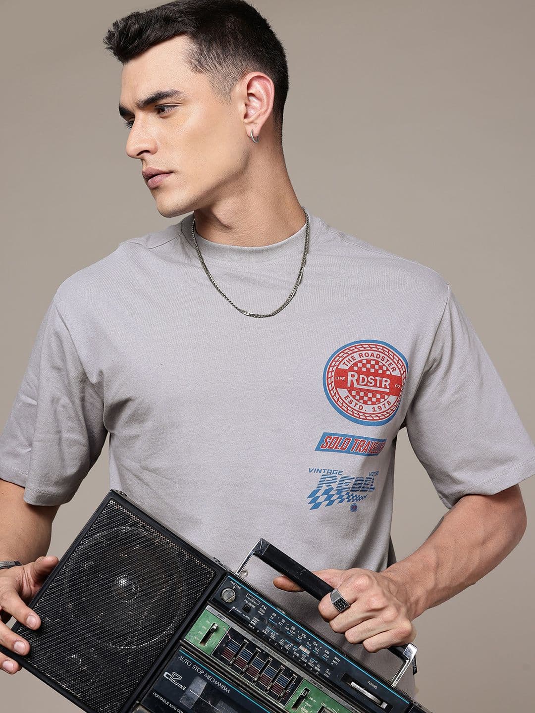 The Roadster Life Co. Brand Logo Printed Drop-Shoulder Sleeves Pure Cotton T-shirt - view 1