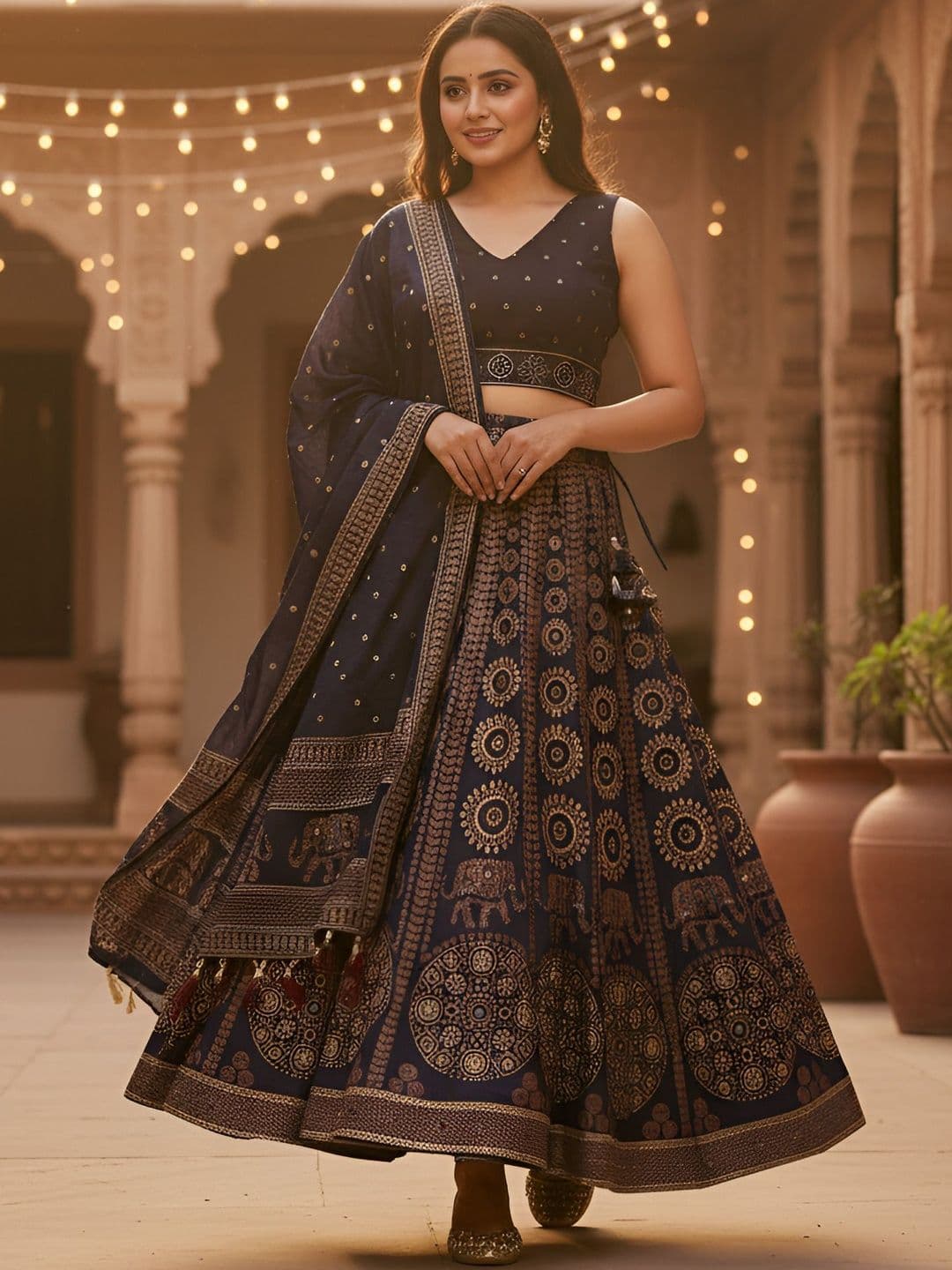 Kaizen TEXO FAB Ajarakh Print Rayon Semi Stitched Lehenga Choli & Unstitched Blouse - view 1