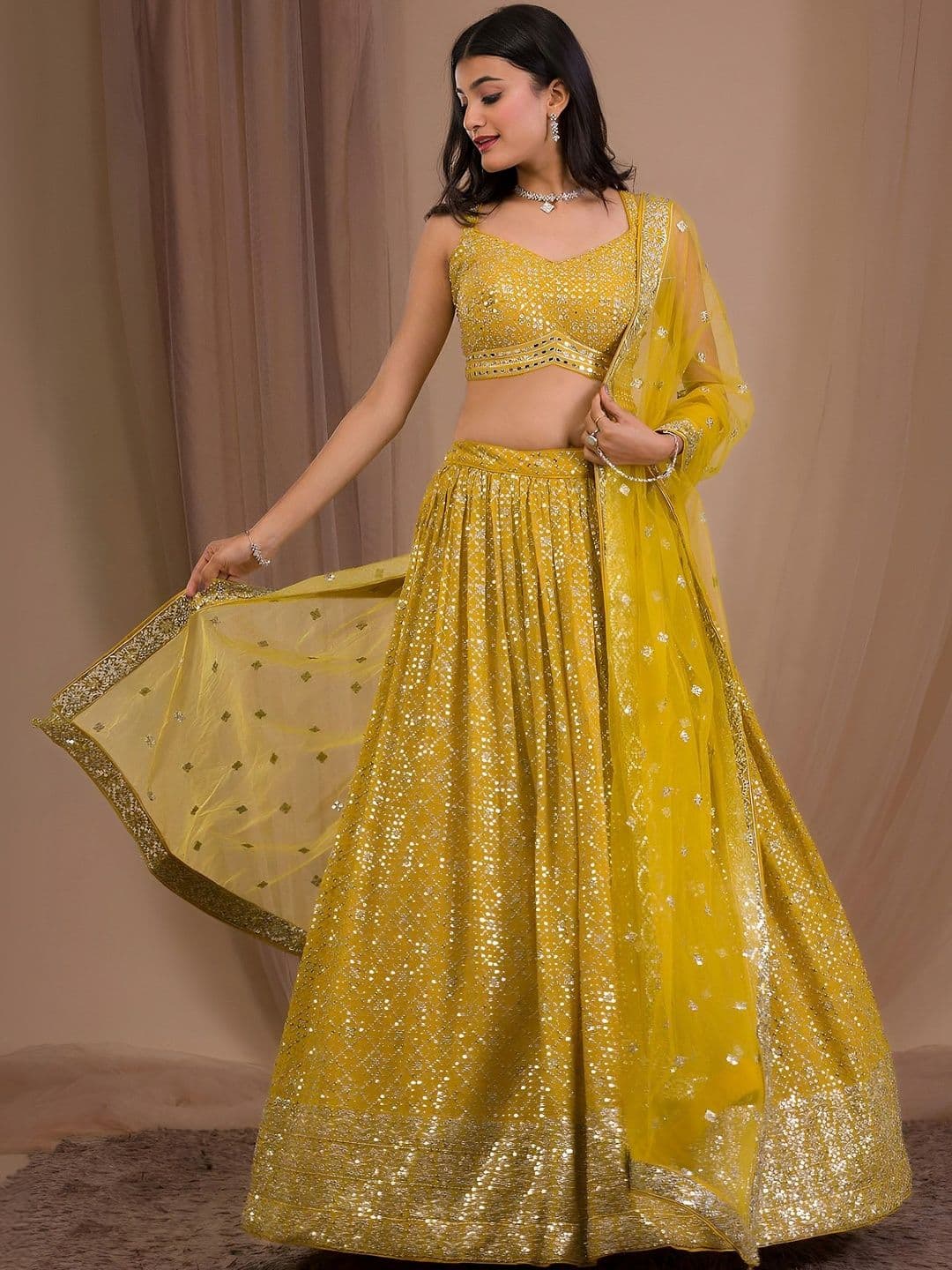 ETHNIC PLUS Embellished Sequinned Semi-Stitched Lehenga & Blouse With Dupatta - view 1