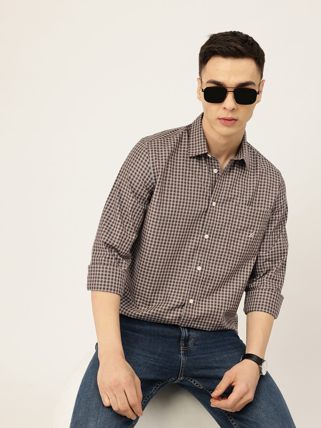 Nautica Men Classic Slim Fit Gingham Checks Pure Cotton Casual Shirt - view 1