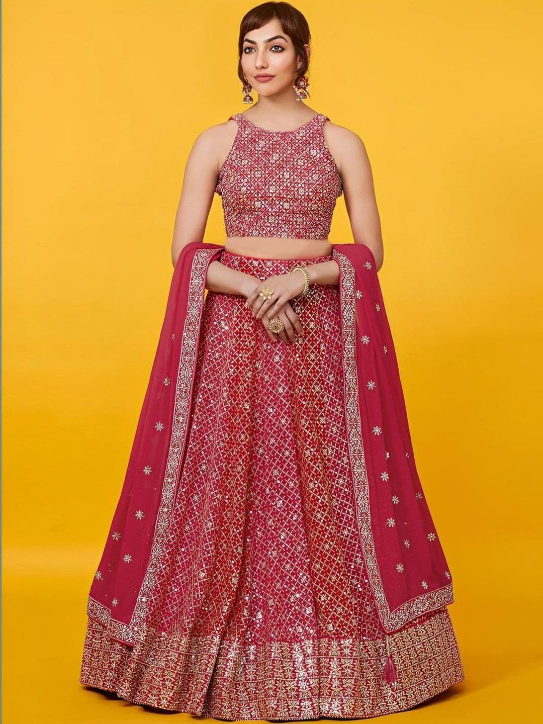 ETHNIC PLUS Sequinned Embroidered Lehenga Choli With Dupatta - view 1