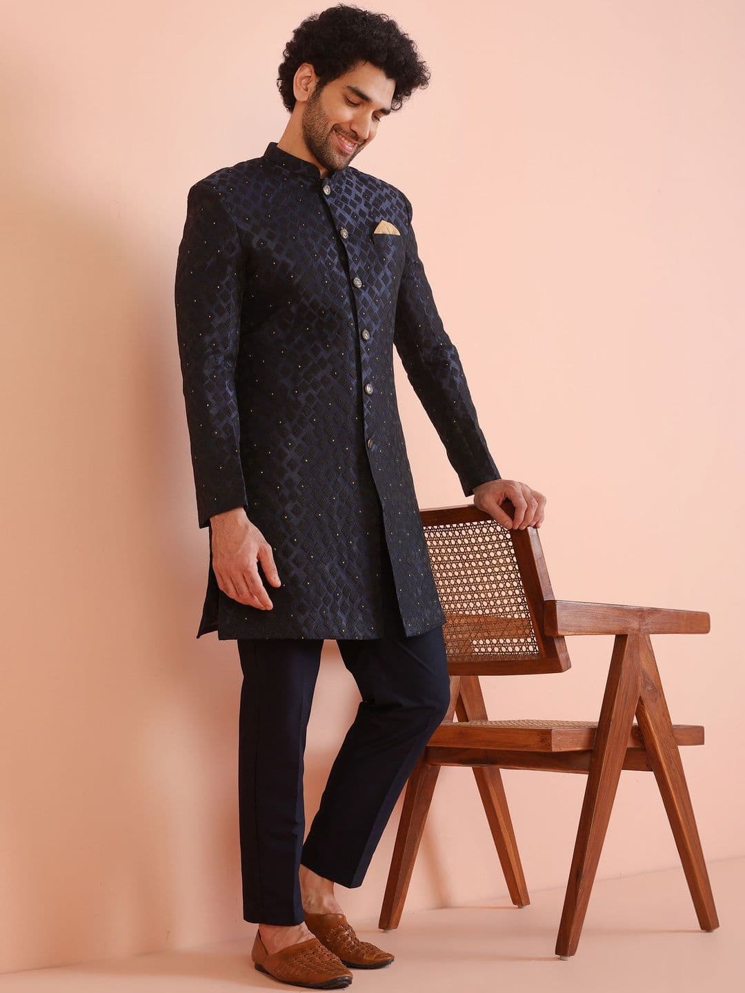 KISAH Plus Size Men Self Design Indo Western Sherwani Trouser Set