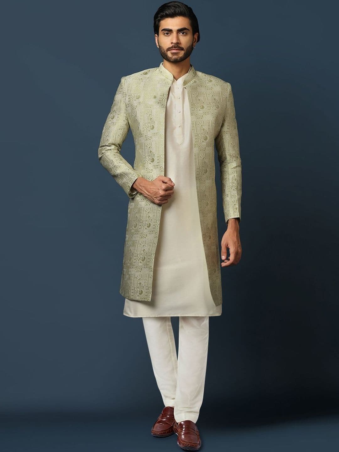 KISAH Plus Size Men Self Design Kurta Front Open Indo Western Sherwani Trouser Set