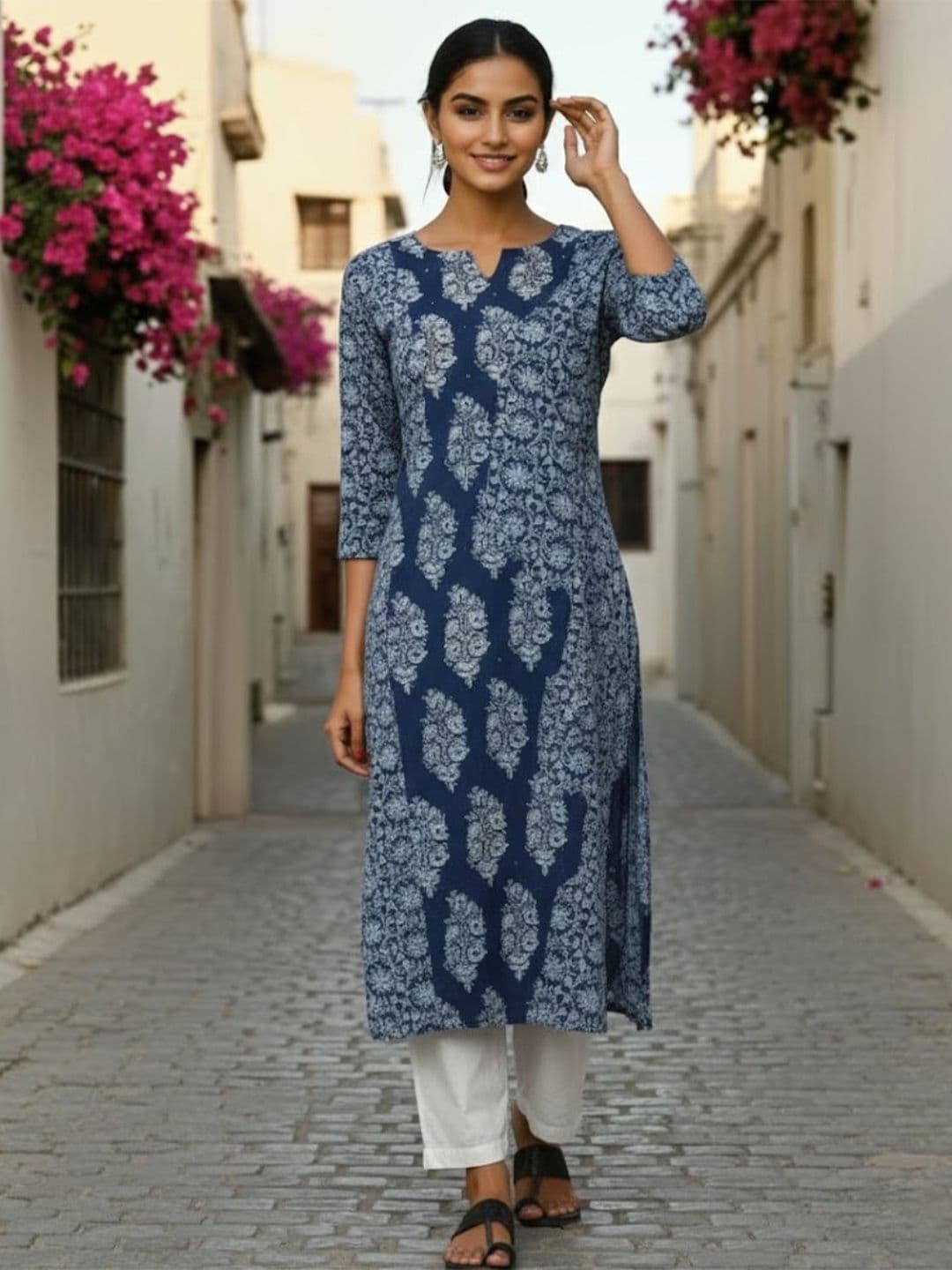 KALINI Floral Printed Notch Neck Pure Cotton A-Line Kurta - view 1
