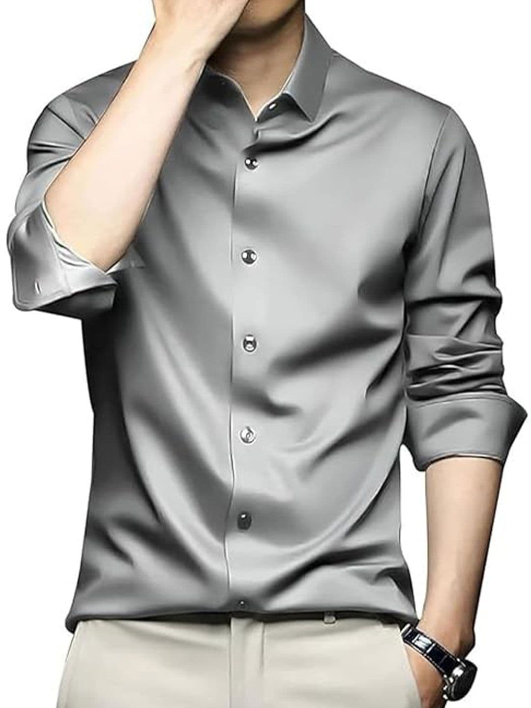 Deelmo Men Solid Spread Collar Satin Formal Shirt - view 1