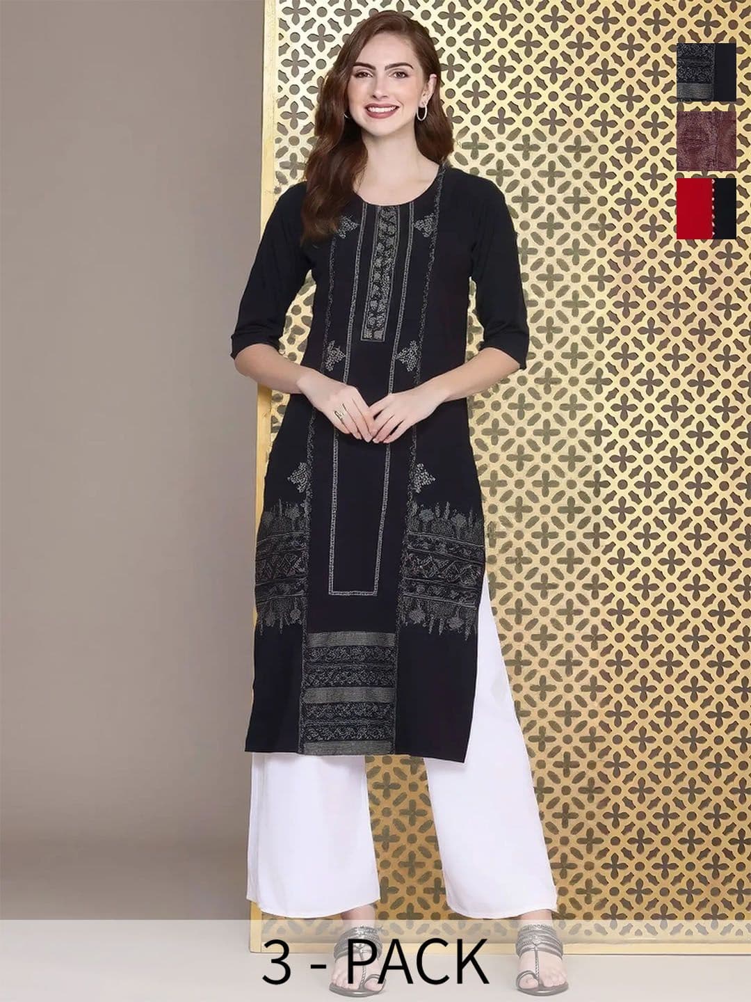 arangya Women Pack of 3 Ethnic Motifs Printed Indie Prints Crepe Kurta - view 1