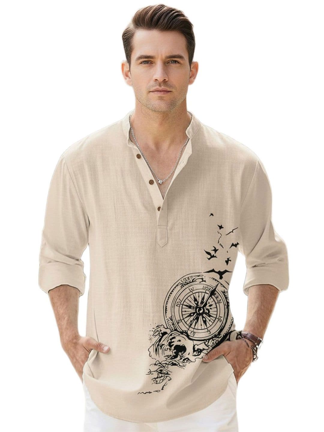 Deelmo Men Graphic Printed Mandarin Collar Cotton Casual Shirt - view 1