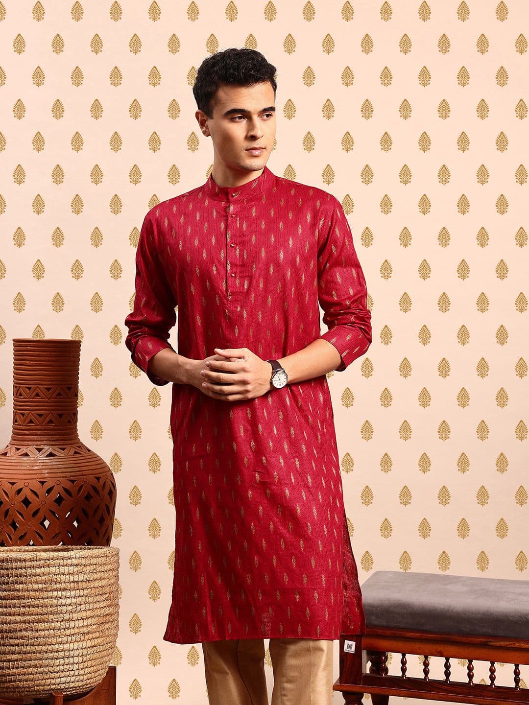 SOURAGYA Woven Designed Band Collar Straight Kurta - view 1