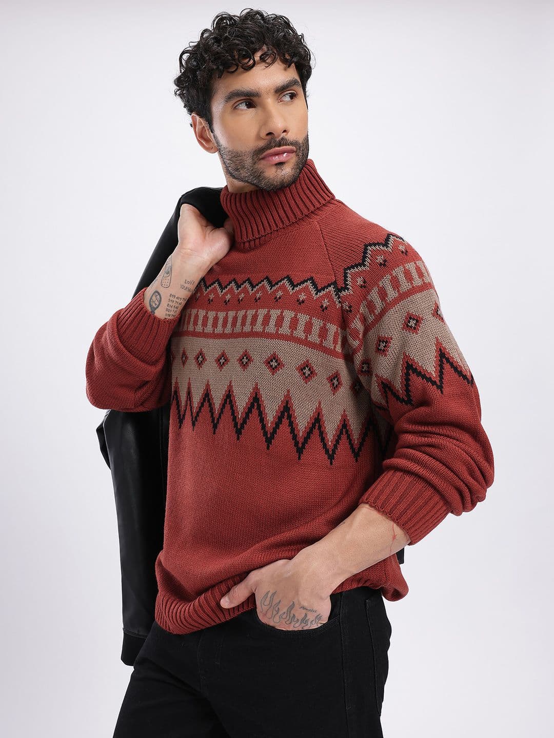 glitchez Geometric Self Design Turtle Neck Relaxed Fit Pullover - view 1