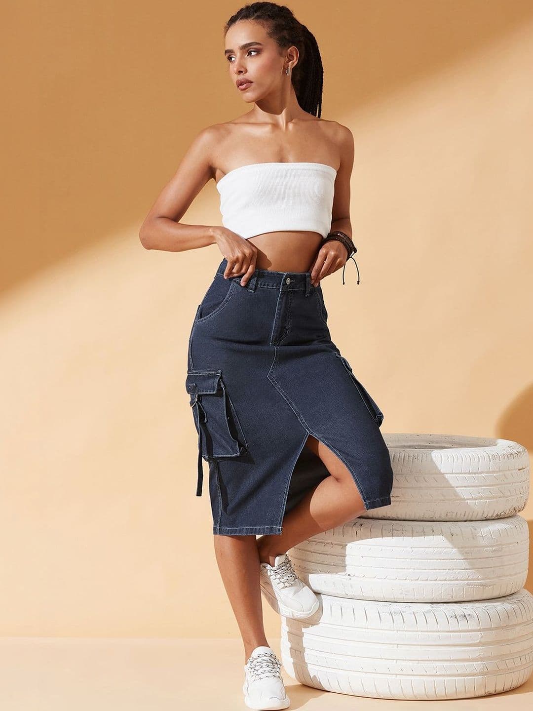 The Roadster Lifestyle Co. Women Navy Blue Straight High Rise Clean Look Midi Denim Skirt - view 1