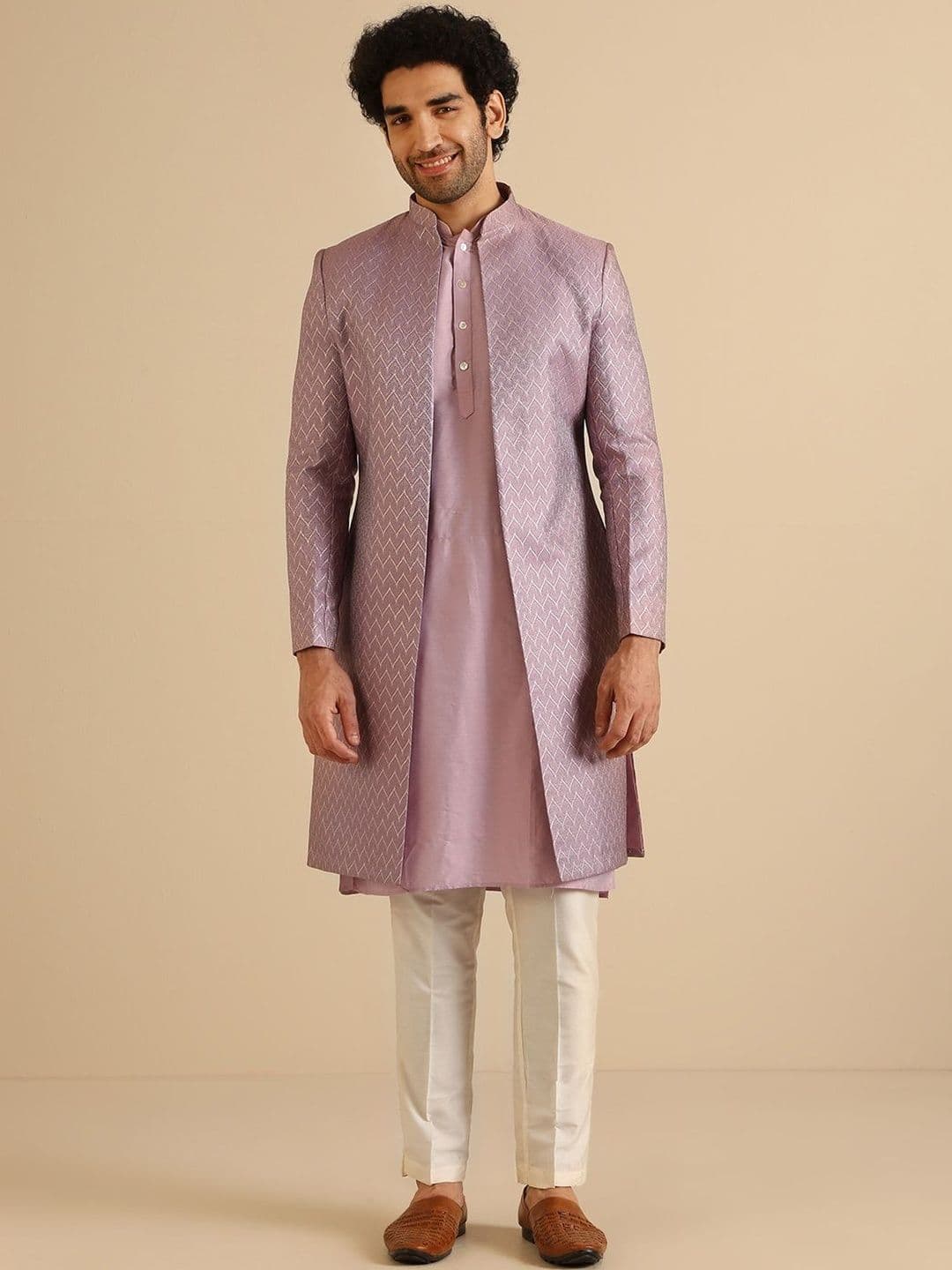 KISAH Plus Size Men Self Design Kurta Front Open Indo Western Sherwani Trouser Set