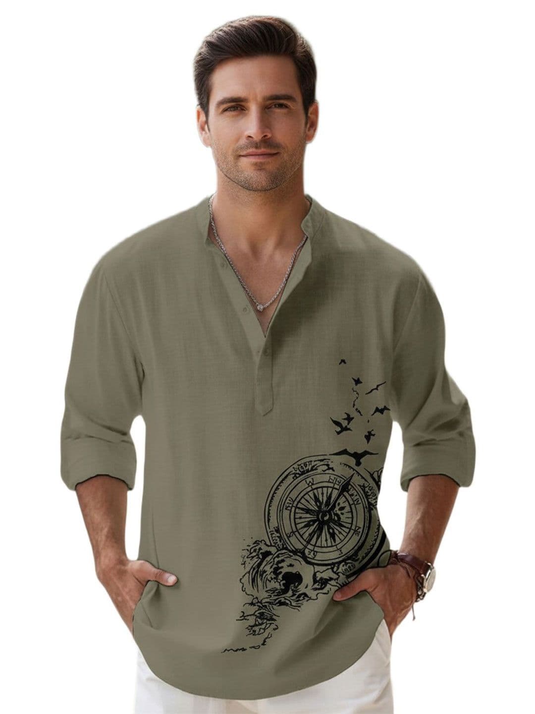 Deelmo Men Graphic Printed Mandarin Collar Cotton Casual Shirt - view 1