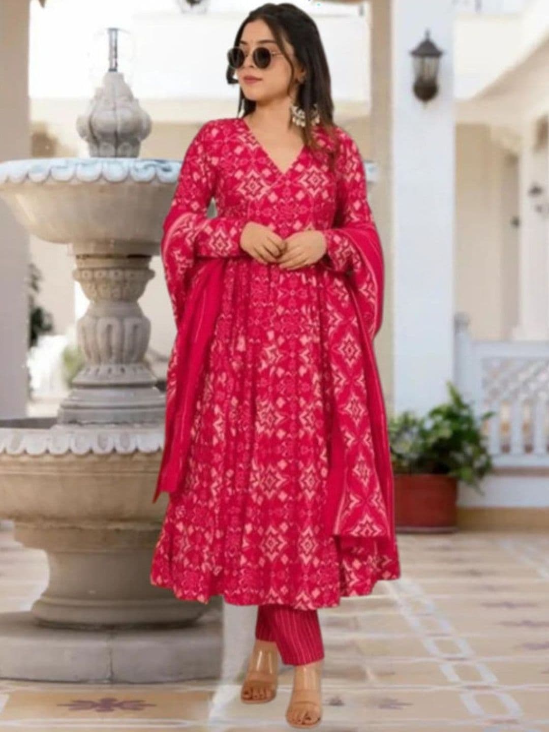 Pravik Women Ethnic Motifs Printed Panelled Kurta with Trousers & With Dupatta - view 1