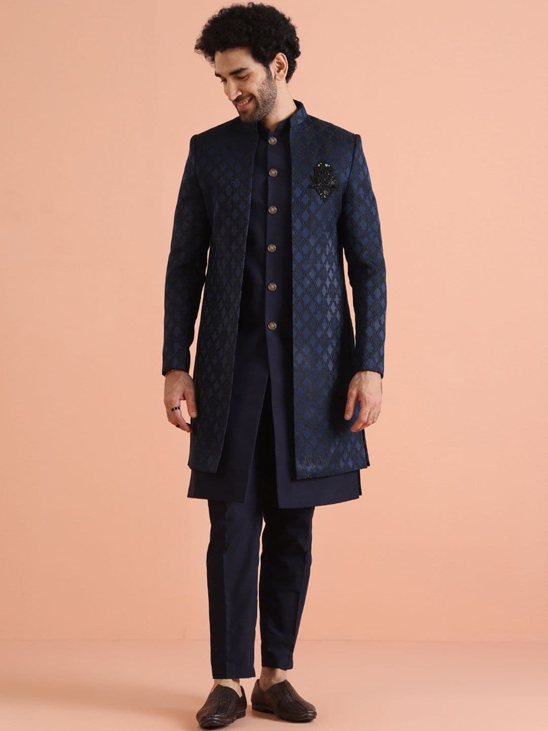 KISAH Plus Size Men Self Design Jacket Front Open Indo Western Sherwani Trouser Set