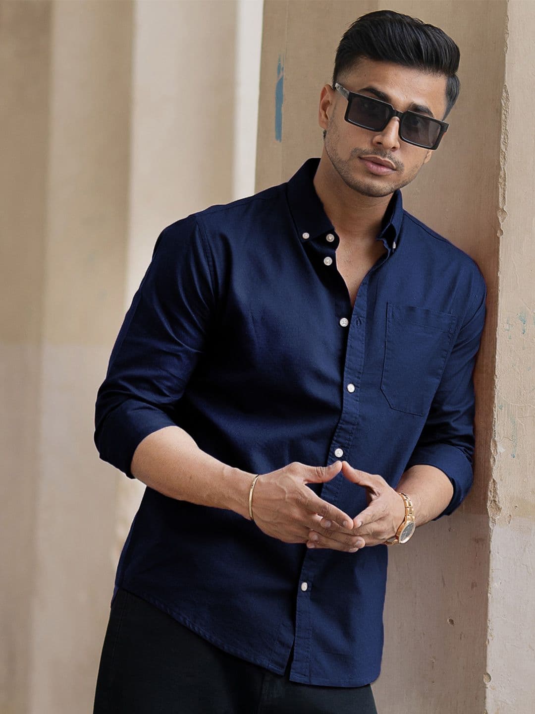 Powerlook Men Button-Down Collar Solid Cotton Casual Shirt - view 1