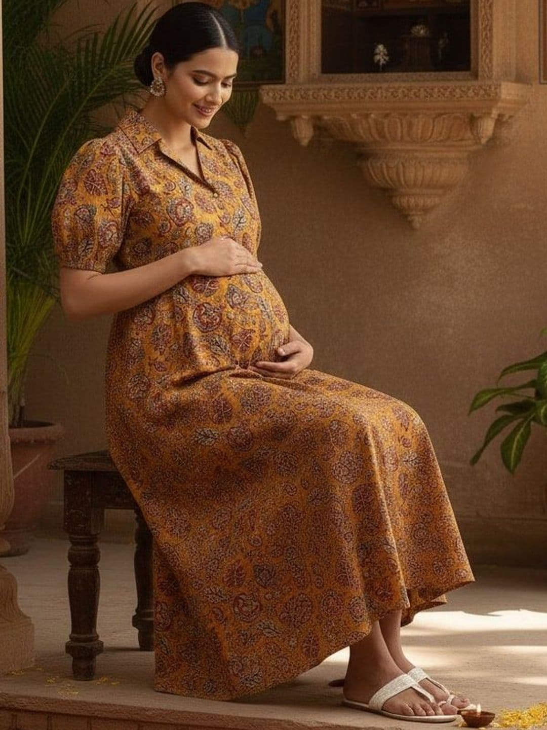 Gujari Yellow Floral Puff Sleeve Maternity Midi Dress - view 1