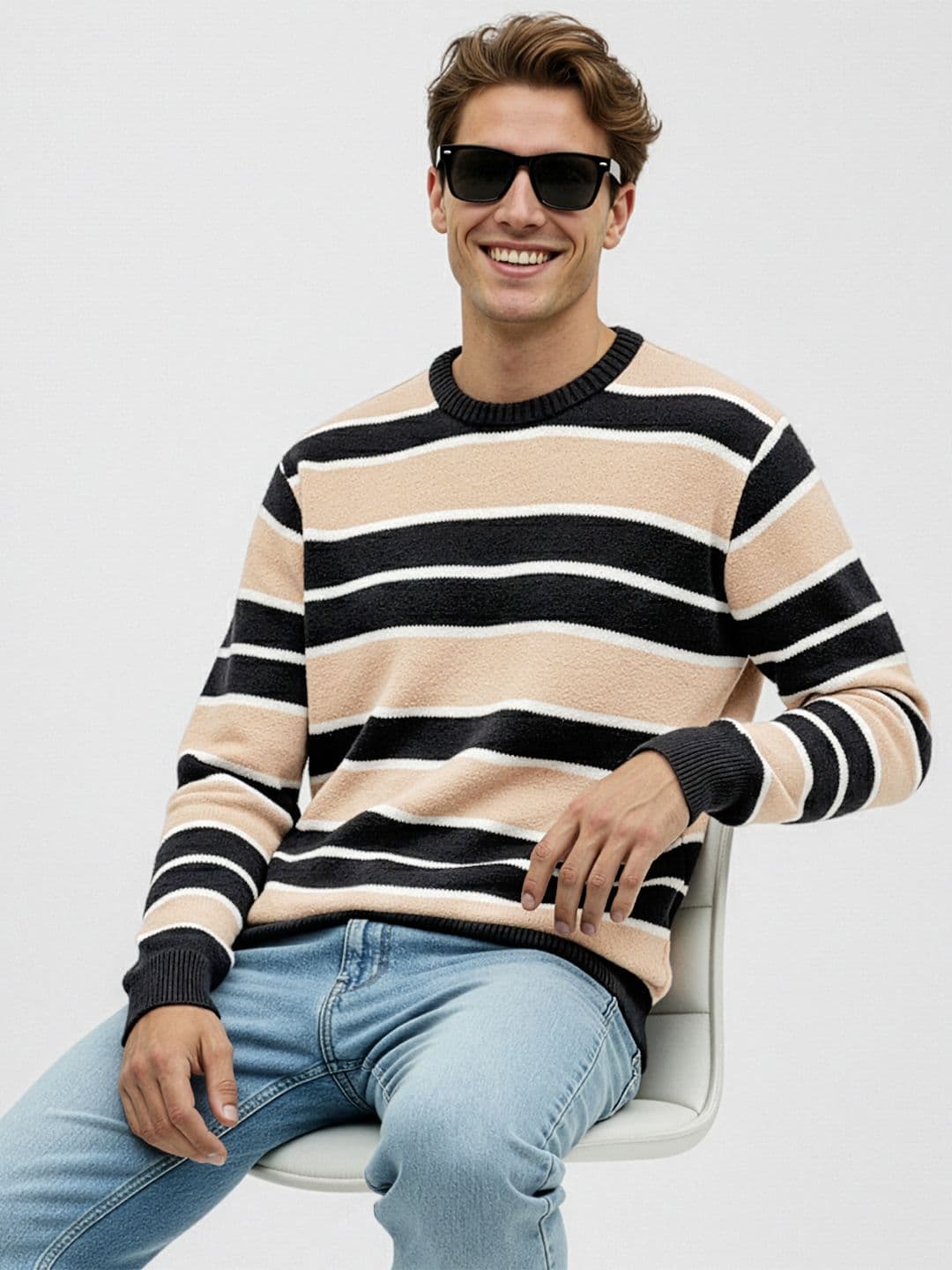 Mast & Harbour Striped Round Neck Fuzzy Pullover
