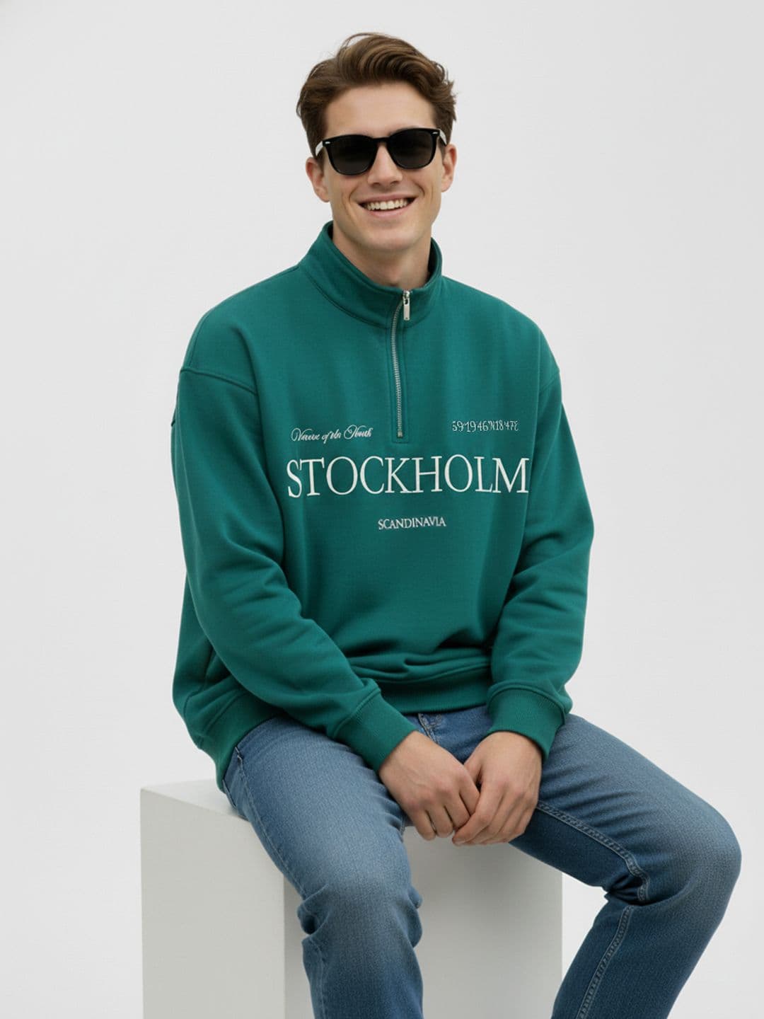 Mast & Harbour Typography Embroidered Mock Collar Drop Shoulder Sleeves Fleece Pullover - view 1