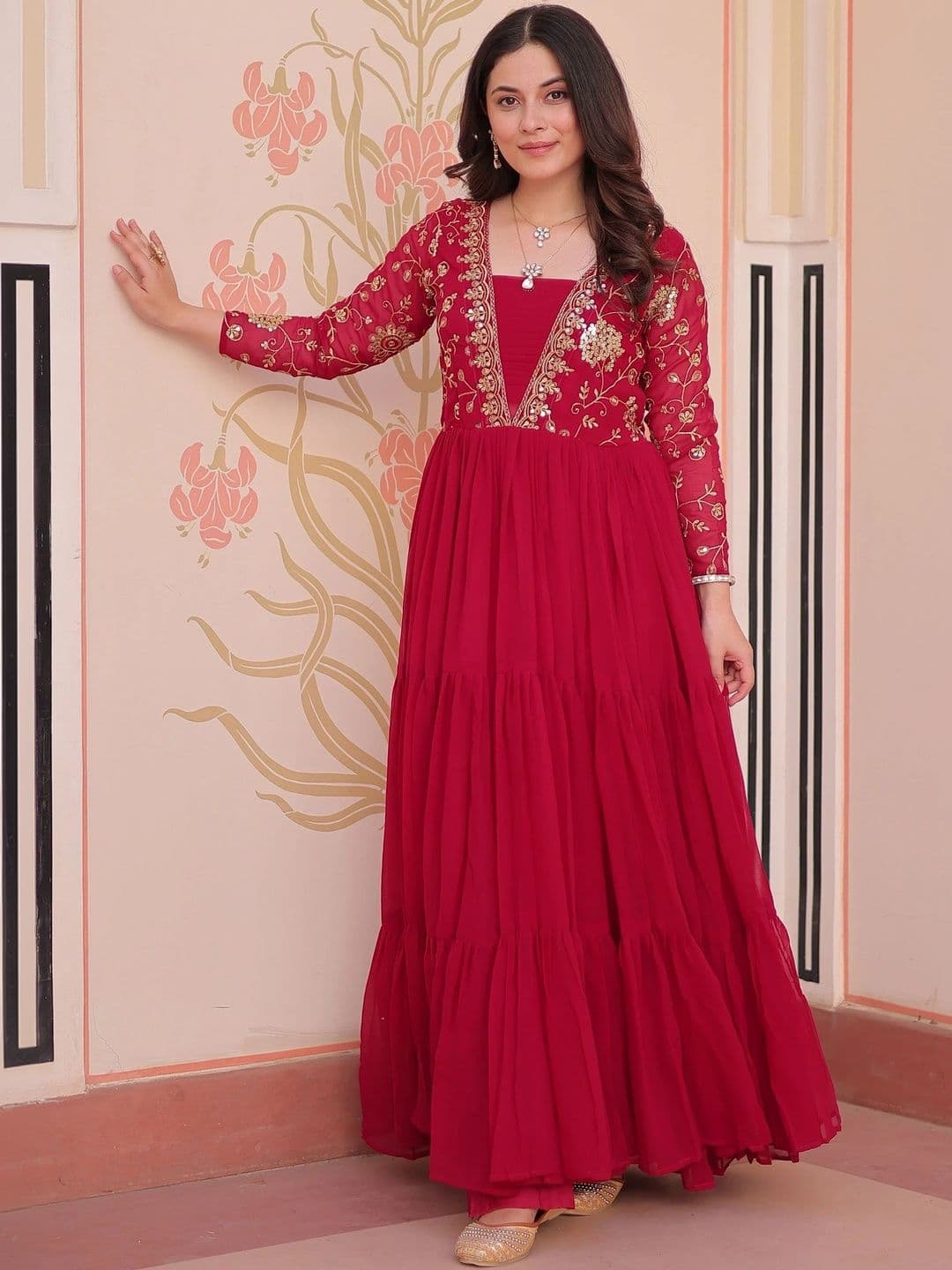 FOXDX Women Embroidered Georgette Stitched Anarkali Ethnic Dresses - view 1