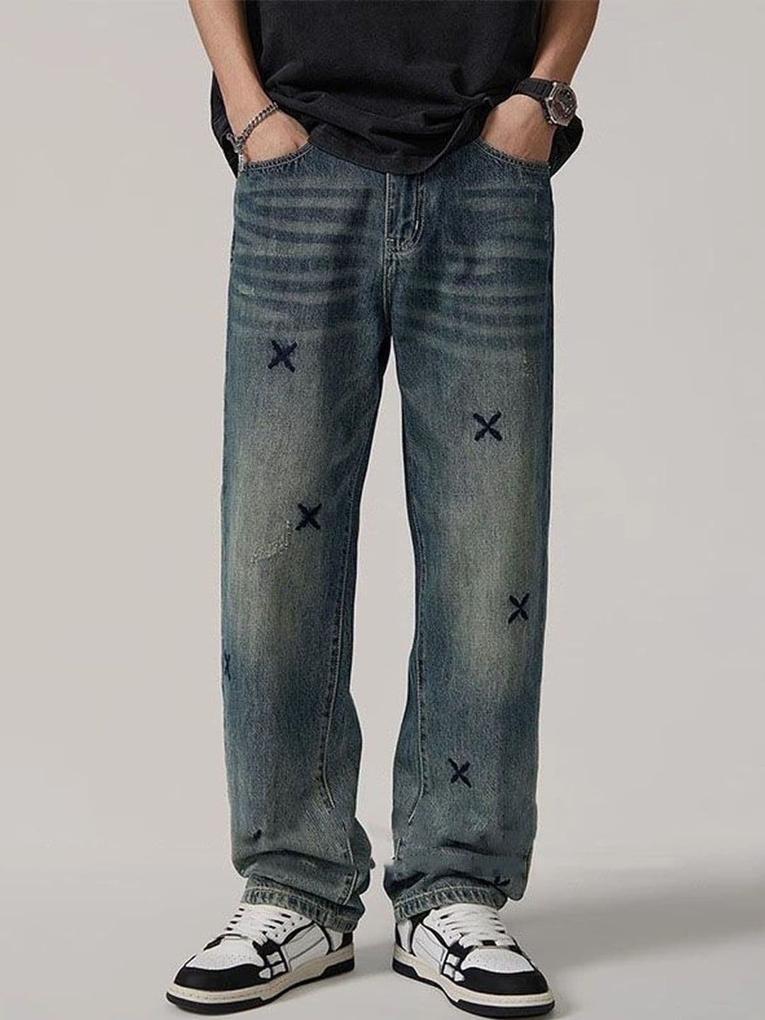 StyleCast x Revolte Men Straight Fit Mid-Rise Light Fade Applique Jeans - view 1