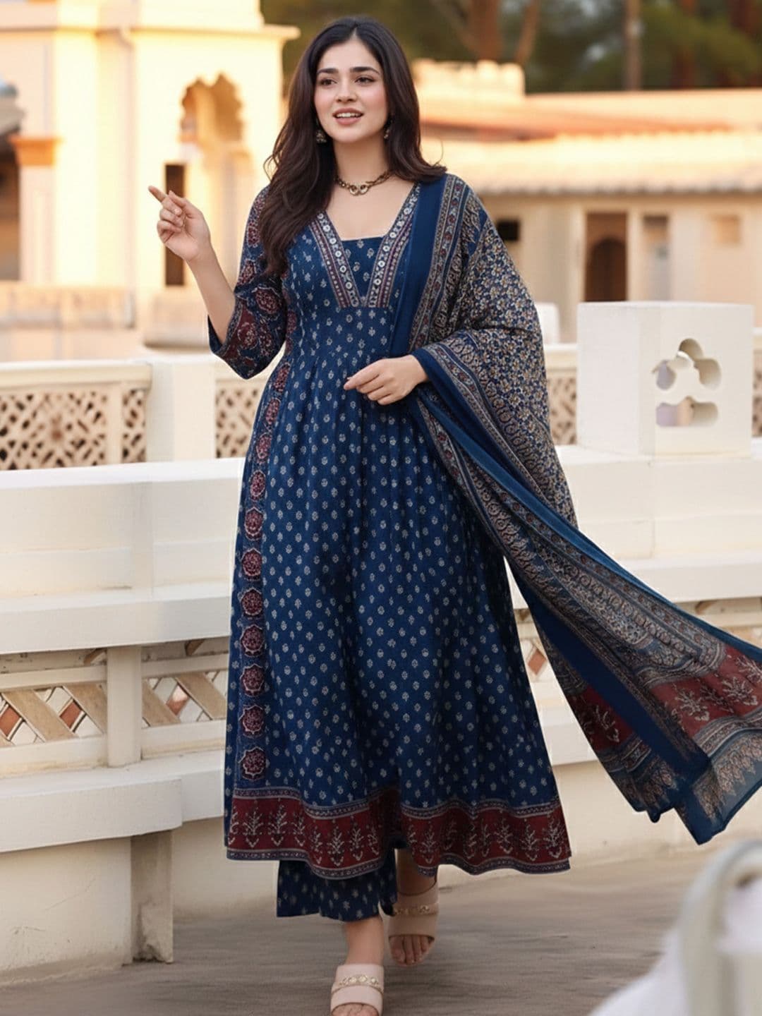 Anouk Rustic Women Ethnic Motifs Printed Panelled Kurta with Trousers & With Dupatta - view 1