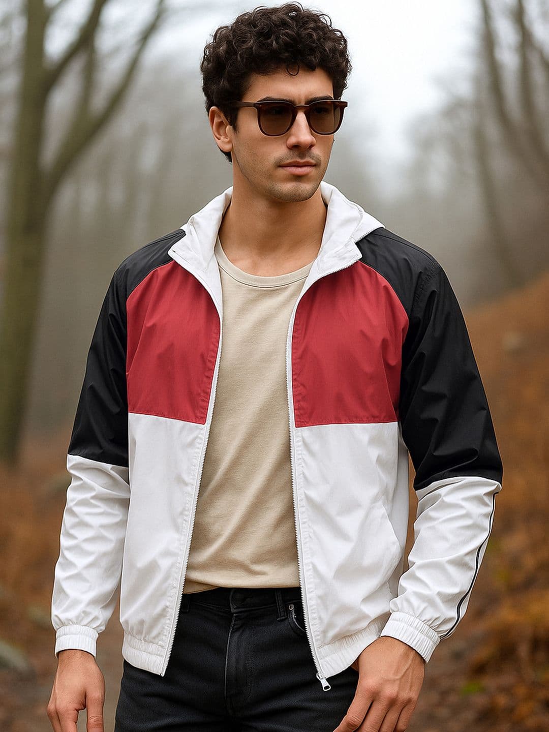 Bewakoof Air 1.0 Men's White & Red Color Block Hooded Windcheater Jacket - view 1