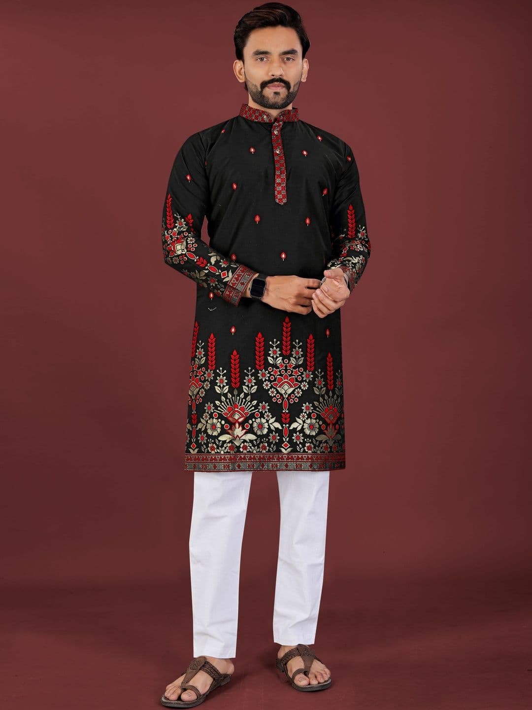 CHARLOTTE GRACIOUS Men Ethnic Motifs Embroidered Thread Work Grandeur & Majestic Artwork Jacquard Kurta - view 1