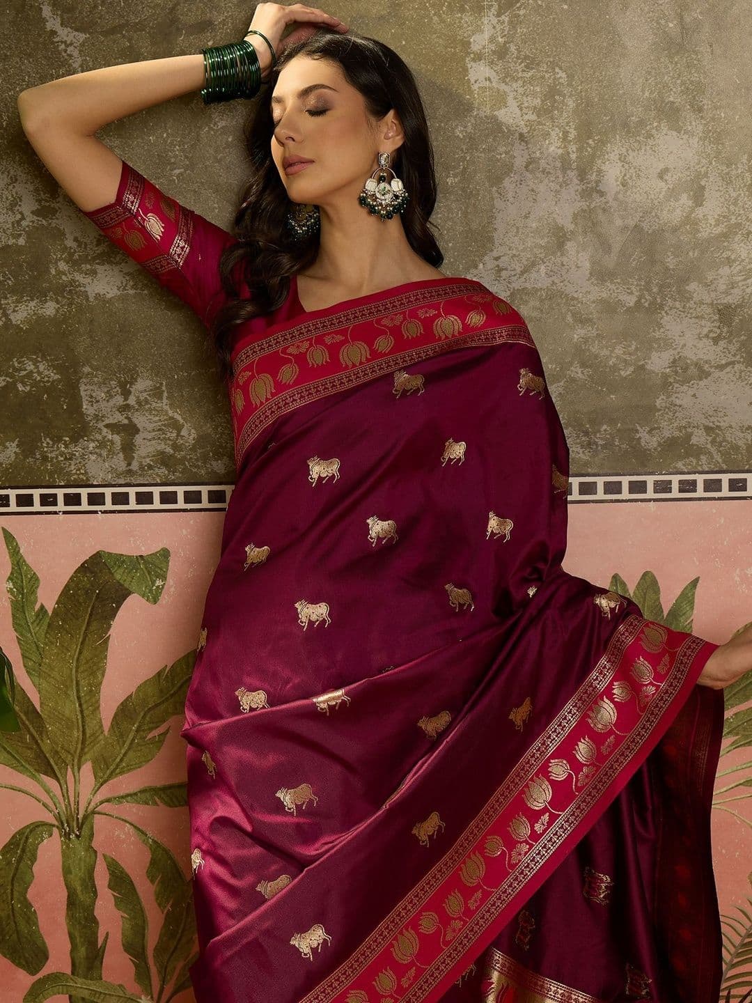 Sangria Zari Woven Design Saree with Contrast Unstitched Blouse - view 1