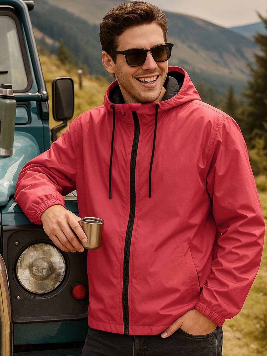 Bewakoof AIR Men's Red Oversized Hooded Windcheater Jacket - view 1