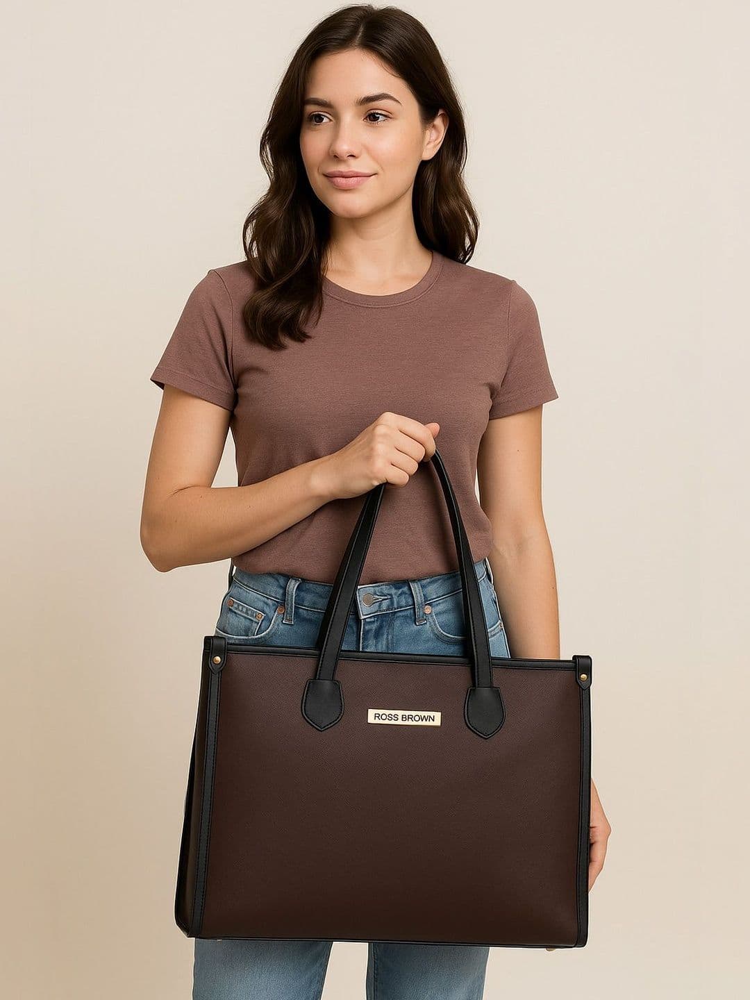 ROSS BROWN PU Oversized Structured Tote Bag - view 1