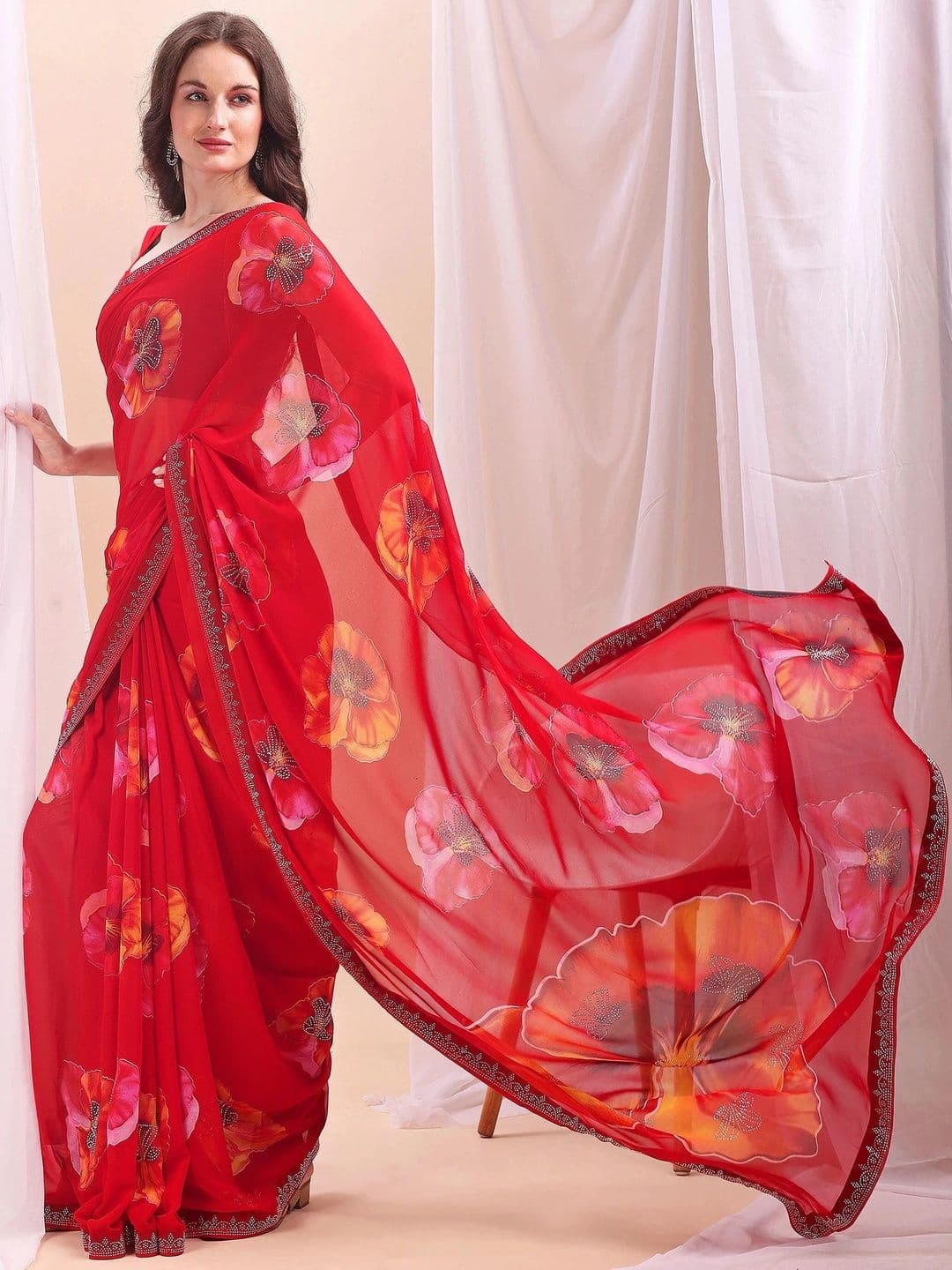 Vibhagyaa Floral Sequinned Poly Chiffon Designer Saree - view 1