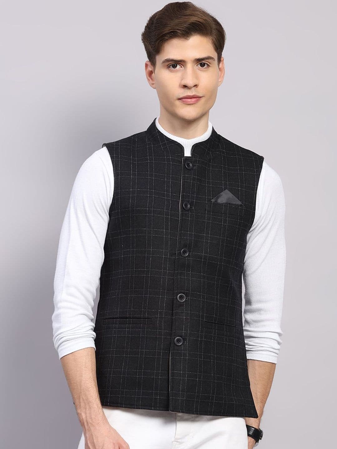 Monte Carlo Checked Sleeveless Nehru Jackets - view 1