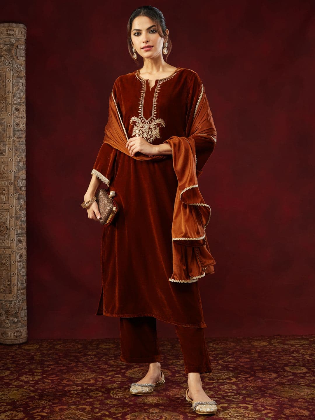 Janasya Sequinned Embroidered Zari Straight Yoke Design Kurta Trouser Set With Dupatta - view 1